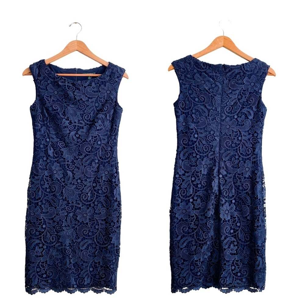 Lauren Ralph Lauren Navy Lace Floral Embroidered Wedding Sheath Dress Carer 4 - Picture 4 of 6